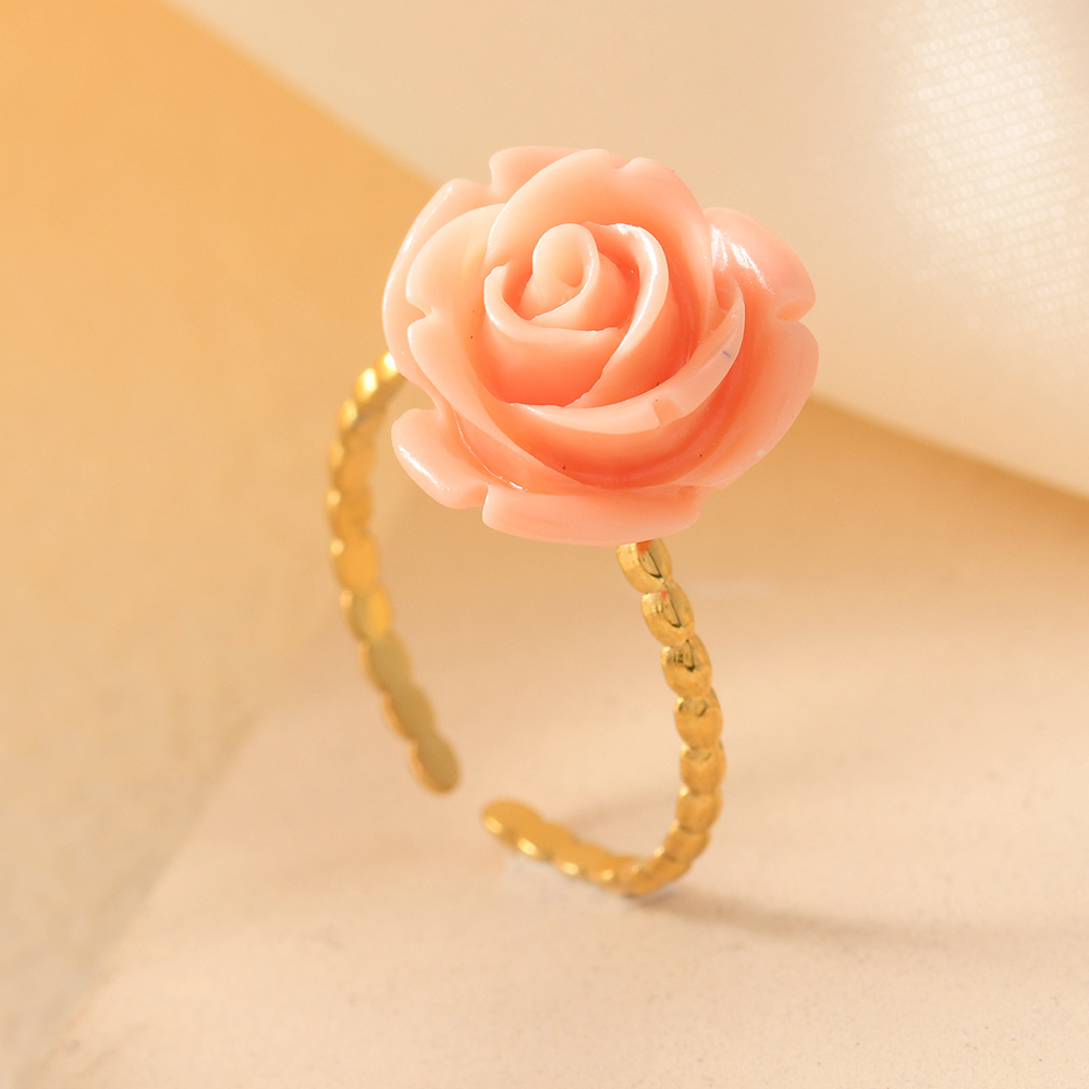 New Pink Embossed Flower Shell Pink Synthetic Rose Ring